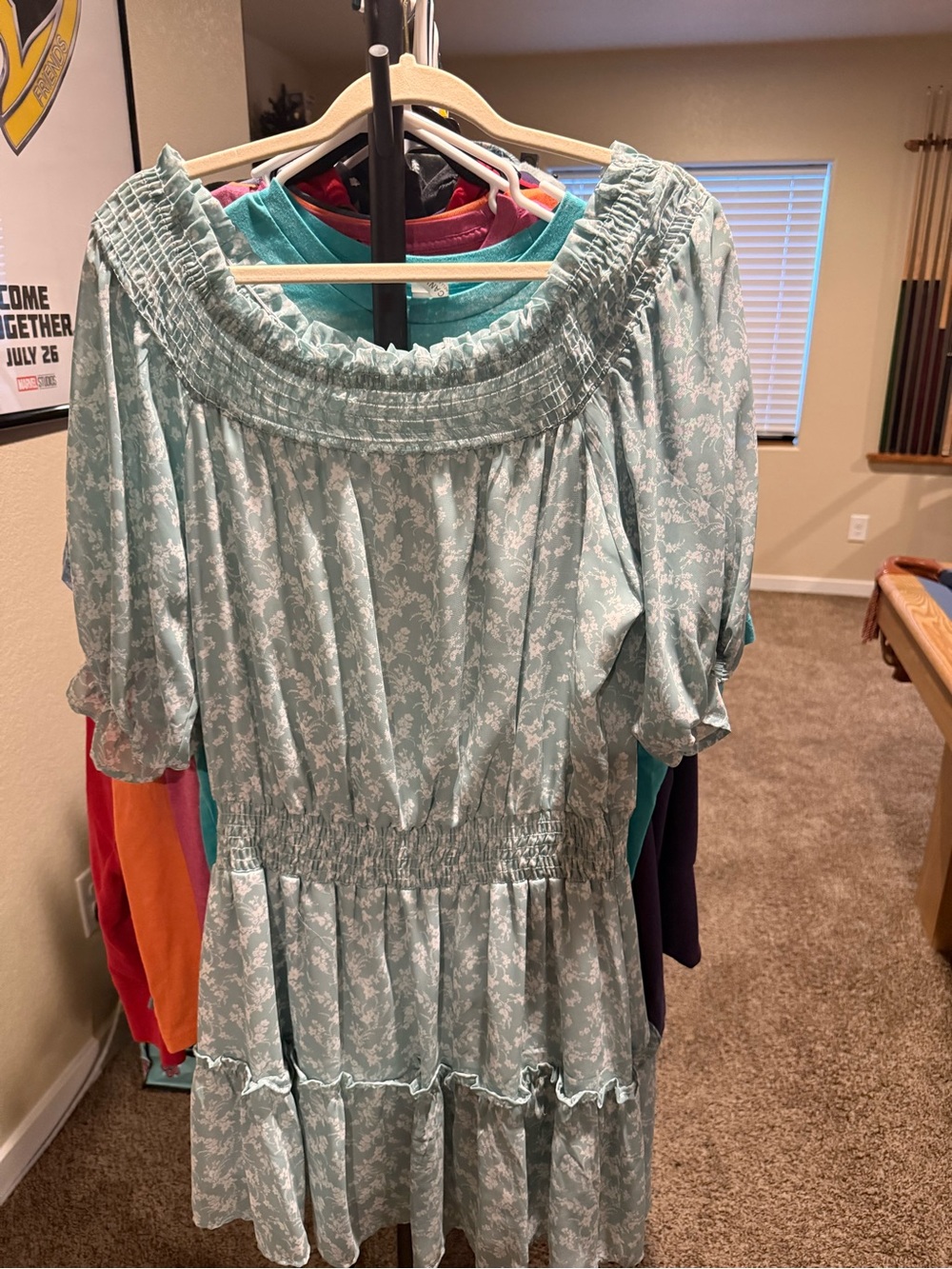 Smocked Off-Shoulder Floral Midi Dress in Light Mint